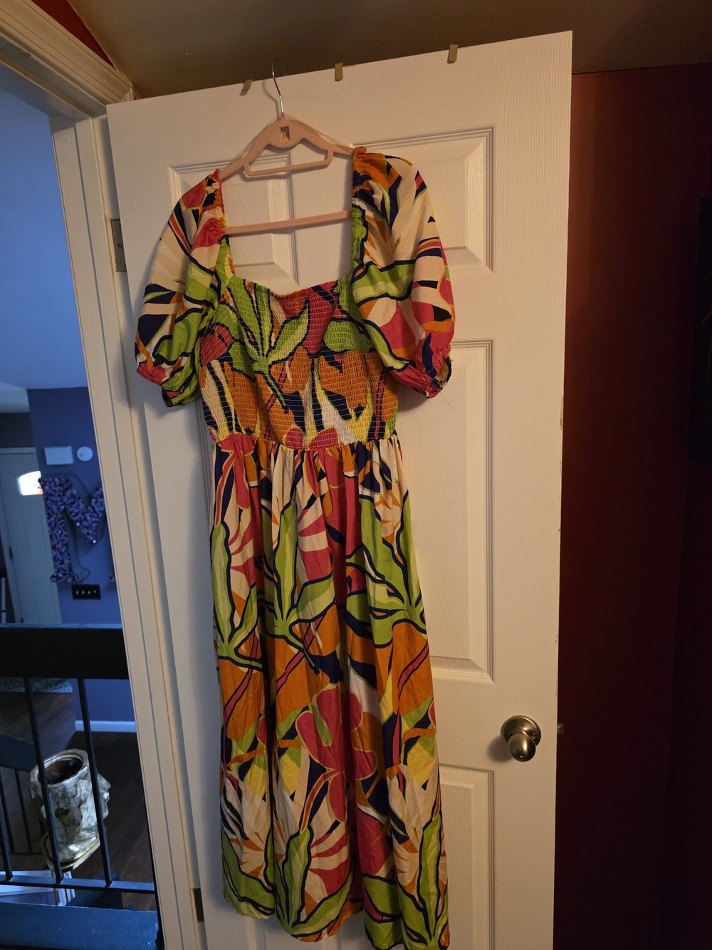 Colorful Tropical Print Puff-Sleeve Midi Dress
